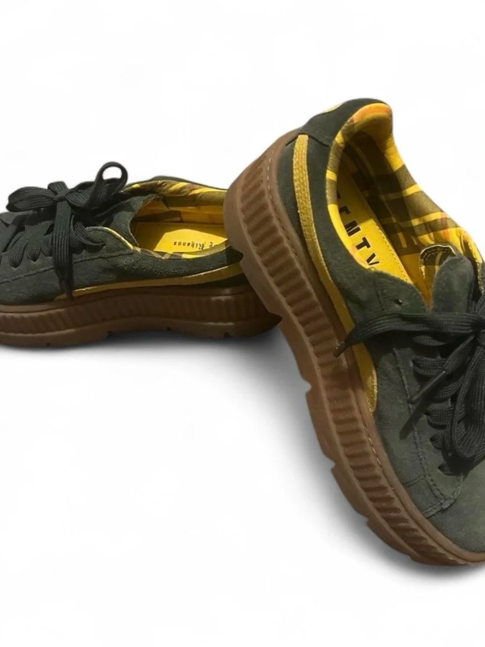 Puma x Fenty by Rihanna Olive Green and Mustard Yellow Suede Platform Sneakers